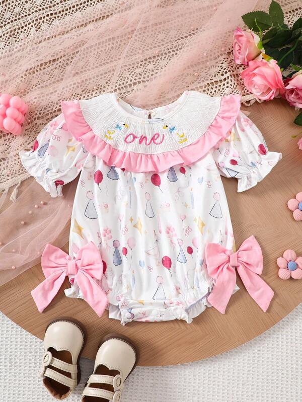 Mono de una pieza de verano para niñas bebé con bordado, cuello redondo, mangas farol y decoración de lazo en el bajo, adorable, el regalo perfecto para el primer cumpleaños de la pequeña princesa