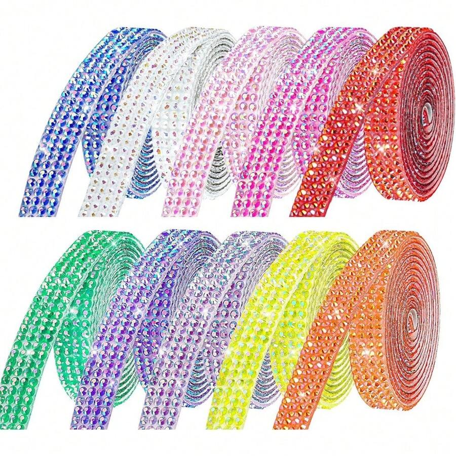 Entrega local - Cintas con cristales de rinoceronte autoadhesivas, 12 rollos de tiras con brillos, tiras de cristales de 12 yardas para manualidades DIY, cristales de rinoceronte para artesanía - 10 colores-1 - Ver 1