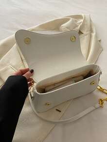 1pc Minimalist Solid Color Flap Shoulder Bag, Classic Textured Crossbody Bag, Women Handbag - White - View 6