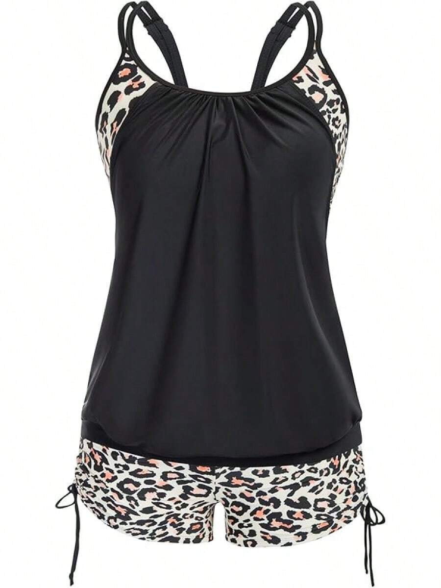 Tankini de talla grande para mujer con parte superior estampada a rayas y tirantes, con shorts, conjunto de dos piezas de traje de baño - Leopardo - Ver 1