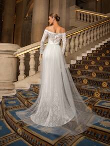 Elegant Off-Shoulder Lace Mermaid Wedding Dress With Delicate Long Sleeves, Waist Belt Details And Flowing Sheer Train - Romantic And Charming Design, Perfect For Church Ceremonies, Garden Weddings, Banquet Receptions And Bridal Photoshoots. - White - View 2