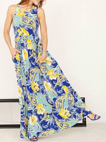 Boho Retro Vintage  Solid  Grey Color Block Color Sleeveless Grey Maxi Dress Racer | S-3X - Sage - View 1