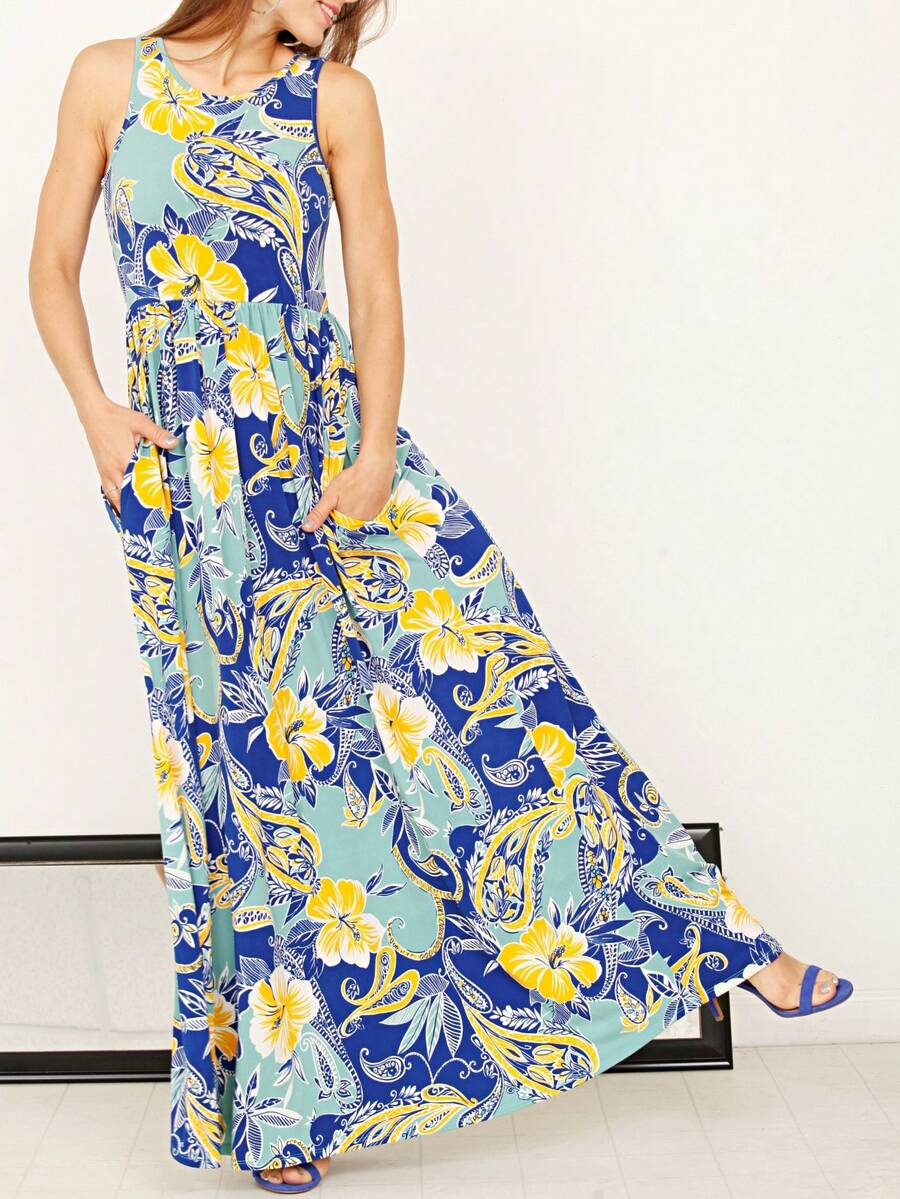 Boho Retro Vintage  Solid  Grey Color Block Color Sleeveless Grey Maxi Dress Racer | S-3X - Sage - View 1