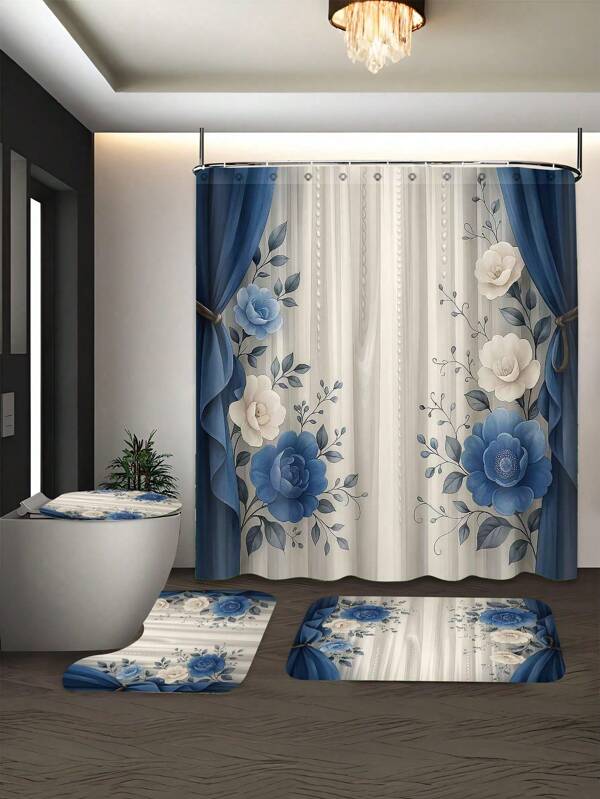 1/4 piezas - Juego de cortina de ducha con diseño floral azul, cortina floral vintage, decoración de perlas de arte moderno, 12 ganchos, cortina impermeable, alfombra de baño antideslizante, cubierta en forma de U para el inodoro, decoración del hogar regalo vuelta al cole