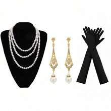 3 件/套，1920 年代，女士婚礼庆祝化妆舞会单身派对复古优雅赫本风格盖茨比系列装饰配饰套装。多层项链、吊坠耳环、长手套舞会