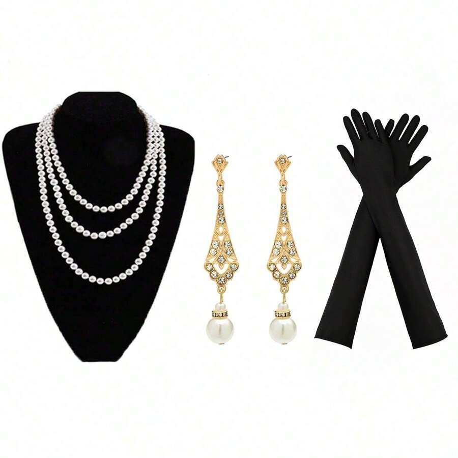 3 件/套，1920 年代，女士婚礼庆祝化妆舞会单身派对复古优雅赫本风格盖茨比系列装饰配饰套装。多层项链、吊坠耳环、长手套舞会