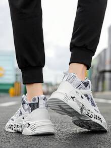 Men's Fashion Letter Pattern Color Block Graffiti Random Print Lace-Up Round Toe Chunky Sneakers, Personalized Casual Teenagers Campus Comfortable Athletic Shoes - White Black - View 10