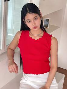 ROSIE POPHUB 女款羅紋荷葉邊無袖短版背心上衣，圓領修身荷葉邊吊帶背心，夏季休閒日常上衣 - 紅色 - 查看 7