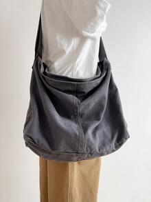 复古水洗大容量灰色帆布单肩包，简约休闲时尚拉链斜挎包，适合日常使用，上学，短途旅行，可折叠拼接超大休闲斜挎包 - 深灰色 - 查看 10