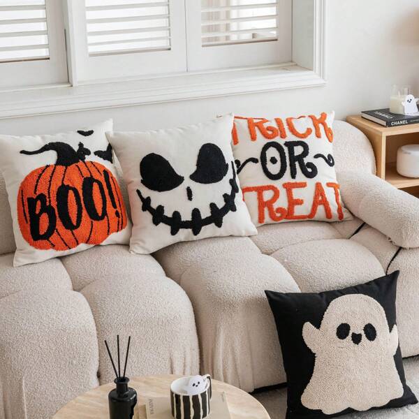 1 Stück Halloween limitierte Auflage Plüsch-Kissenbezug mit lustigem Geistgesicht, Stickerei, Feiertags-Heimdekoration Sofakissen