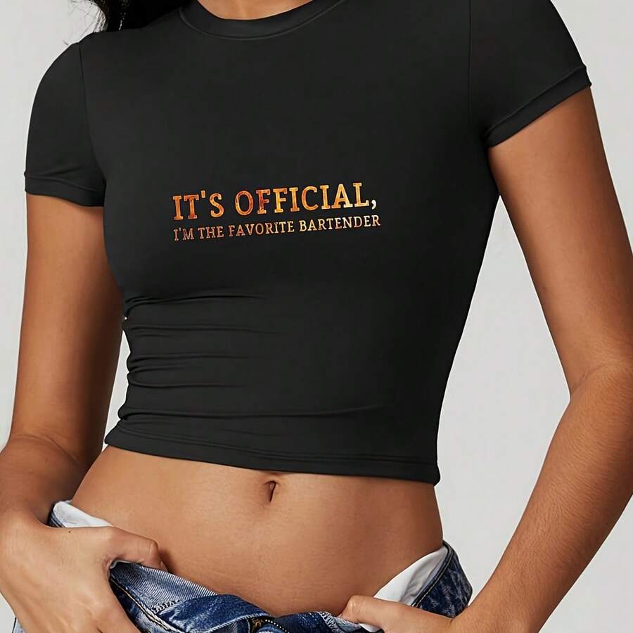 LocalWomen's Sexy Bartender Crop Top T-Shirt - It's Official, I'm The Favorite Bartender - Black Tee With Orange Lettering - Slim Fit Stretchy Shirt For Bartenders, Parties & Casual Outfits - Machin - 黑色 - 查看 1