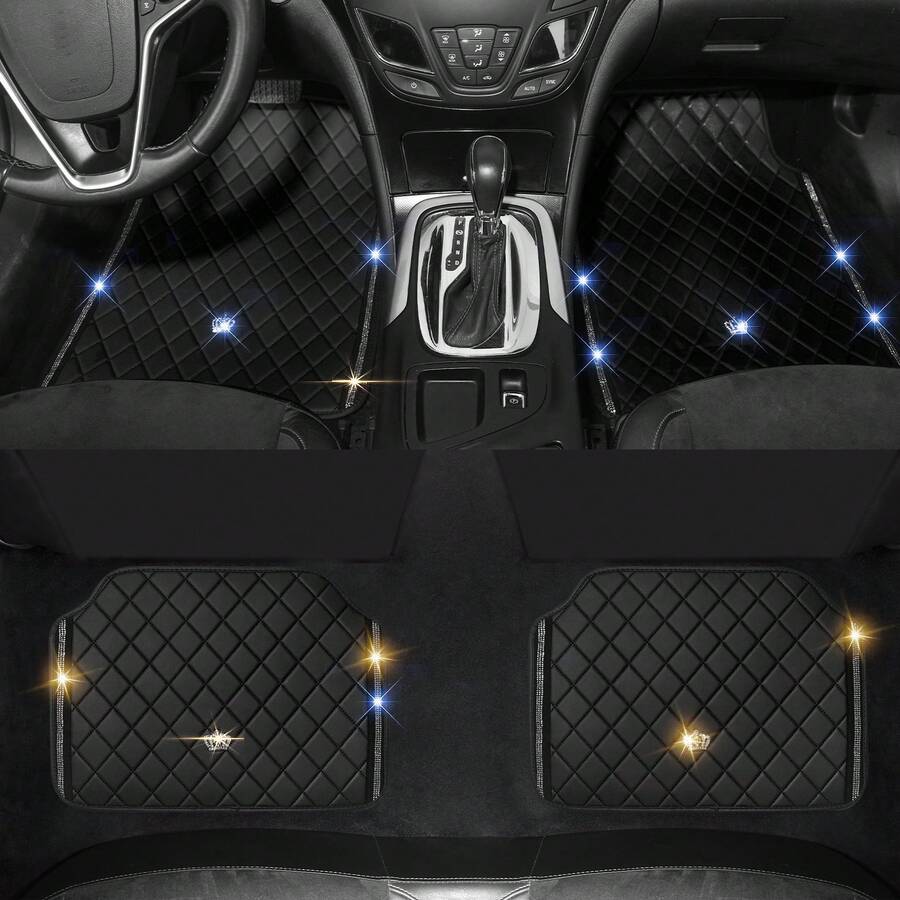 Bling Car Floor Mats, PVC Leather Anti-Slip Automative Floor Mats With Shining Diamond Rhinestone Crown, Sparkly Glitter Crystal Carpet, Universal Fit Automotive SUV, Sedan, Van, 4pcs For Girl Woman And Man - Black - View 1