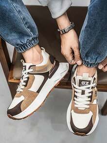 Giày thể thao đế dày Colorblock cho nam, Giày thể thao nam thời trang thoáng khí thoải mái, Giày chạy bộ buộc dây tăng chiều cao cho nam, Giày ngoài trời - Màu Khaki - Xem 4