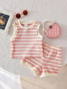 2pcs Baby Girls Stripe Breathable Knit Vest & Shorts Set, Sweet & Stylish, Suitable For Vacation