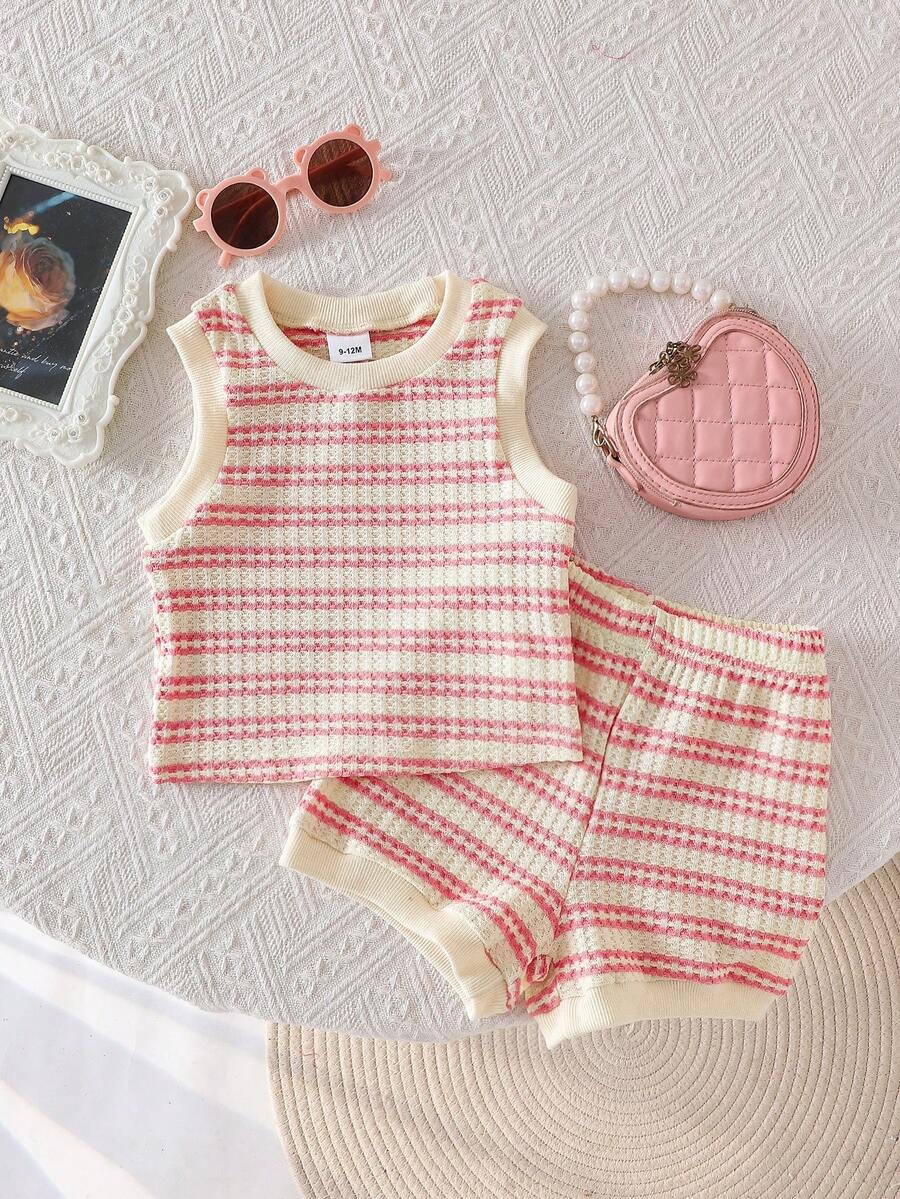 2pcs Baby Girls Stripe Breathable Knit Vest & Shorts Set, Sweet & Stylish, Suitable For Vacation