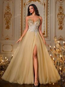VIPGIRL Vestido de gala de tul con lentejuelas dorado champán, vestido de noche con tirantes finos brillantes, vestido formal con abertura, vestido maxi escote corazón para mujer, vestido de fiesta glamoroso, atuendo para graduación y gala