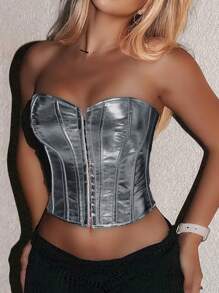 Rave Punk metallisches silbernes Haken und Öse Schnürung rückenfrei PU Leder Korsage Formwäsche Crop Clubwear Tube Top