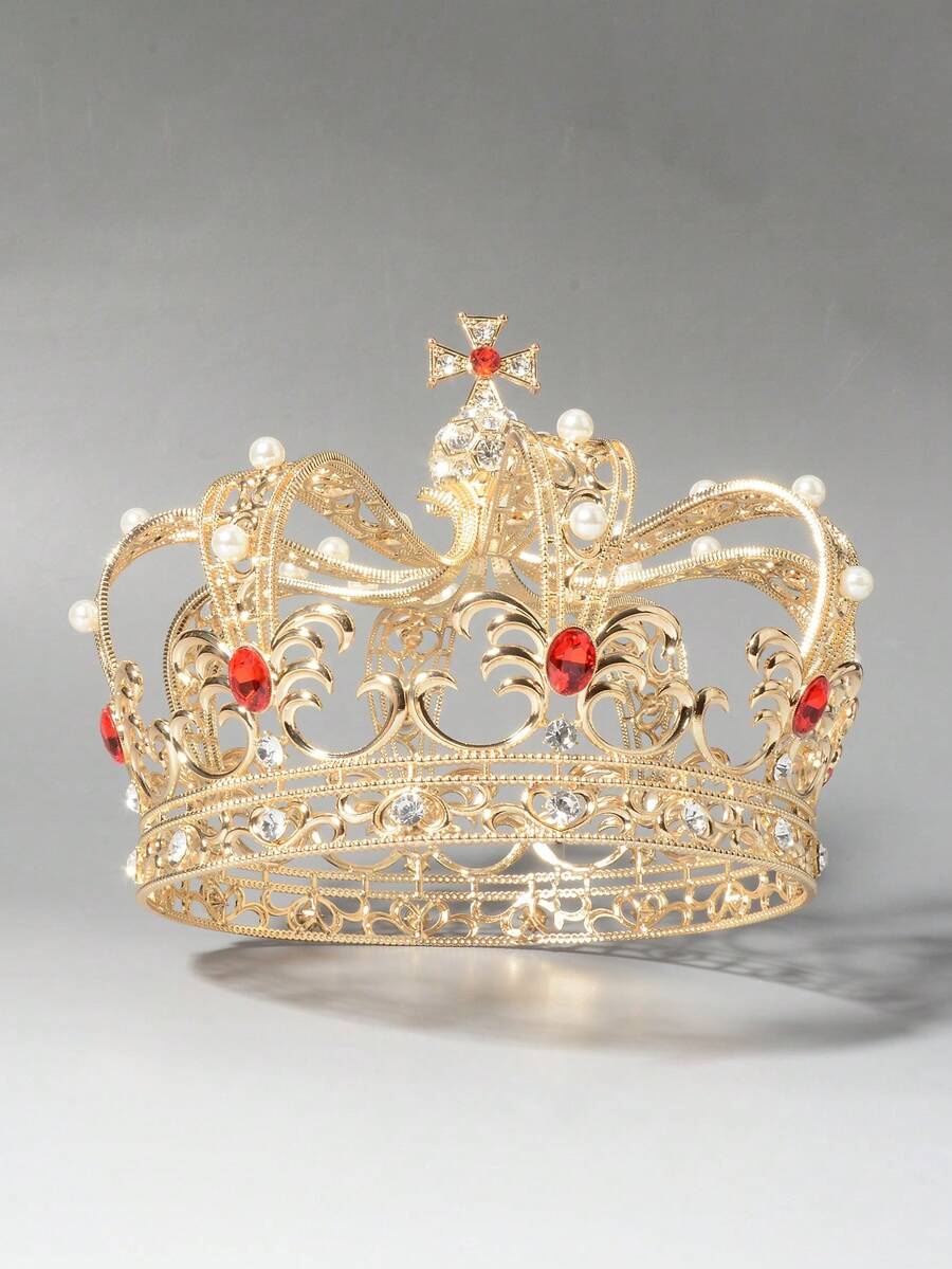 1pcs Geometric Boho Zinc Alloy Rhinestone Retro Palace King, Prince, Princess, Grand Crown, Male Crown Performance, Banquet Accessories, Hair Accessories, Headwear Annual - Vàng Đỏ - Xem 1