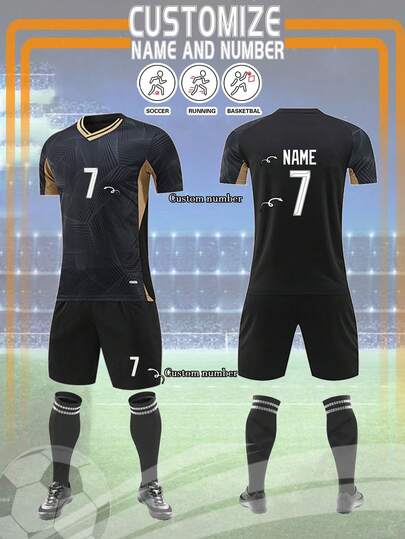 2pcs Personalized Men's Football Jerseys, Black Customized Football Uniform, Men's Sportswear Set, Sports Outfit, Men's Running Suit, Summer Men's Set, Men's T-Shirt Suit, Football Jerseys, Customized Football Uniforms With Number Printing, Suitable For Football, Badminton, Basketball, Cycling, Daily Wear