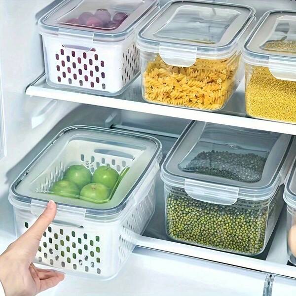 3pcs Food Storage Containers With Drain Baskets And Lids - Leak-Proof, Fridge, Reusable Multi-Purpose Kitchen Storage Boxes For Fruits, Vegetables And Food.