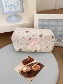 Bolsa de maquillaje de tela suave con encaje en forma de lazo, estilo lindo y dulce, gran capacidad, bolsa de lavado portátil para viajes, bolso versátil desmontable para damas