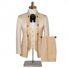 Men's Wedding Suit Three-Piece Suit, High-End New Chinese Style Dark Flower Pattern, Exquisite Metal Buckle Chain Closure Formal Suit, Suitable For Weddings, Parties, Any Formal Occasions - Màu be - Xem 2