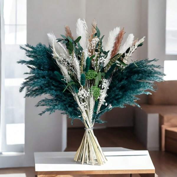 1 Bouquet Elegant Green Theme Dried Flowers - 50pcs Assorted Reed, Bunny Tail, Cattail, Baby's Breath And Lavender, Ideal For Wedding Decor, Home Decor, Bridal Arrangement, Bouquet Accent