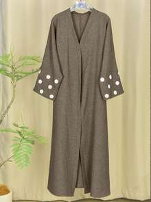 Floral Embroidered Beaded Flare Sleeve Abaya, Traditional Arabic Robe Spring - Olive Brown - View 6