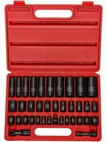 Set de vasos de impacto maestros de 3/8" y 1/2" - 38 piezas - con medidas estándar SAE (pulgadas) y métricas (mm) - de vaso profundo y superficial - Acero Cr-V - Incluye vasos Duométricos - Profundo y superficial - Ver 8