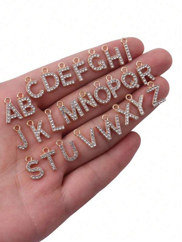 26pcs Fashionable 3D Rhinestone Zinc Alloy A-Z English Alphabet Pendant Earrings Necklace Bracelet Phone Case Zipper Decor DIY Jewelry Accessories