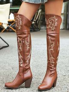 Fashion Cowgirl Outfits For Women Boots Knee High Pointed Toe Chunky Heel Combat Boots Retro Luxury Embroidery Country Concert Jaripeo Festival Shoes - 棕色 - 查看 5