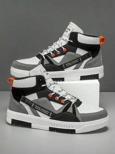 男士时尚撞色字母系带高帮滑板鞋，个性日常户外舒适平底休闲运动鞋，适合搭配牛仔裤和运动服