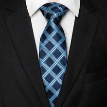 男士蓝色格子条纹领带、口袋巾、银色领带夹、袖扣和翻领别针组合套装，适用于职场、商务、谈判、婚礼、毕业等场合 - 藍色 - 查看 2