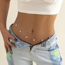 1 pièce Chaîne de taille à double couche avec pendentif papillon sexy à franges pour femmes, style de rue avec chaîne de corps en métal