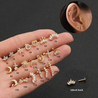 1件钛钢杠铃耳钉，镶嵌微镶锆石，螺丝球耳钉，花朵、月亮、星星、心形、十字架、皇冠设计