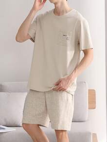 AICJ 男士休闲纯色宽松圆领短袖T恤短裤两件套家居服，春夏款 - 卡其色 - 查看 3
