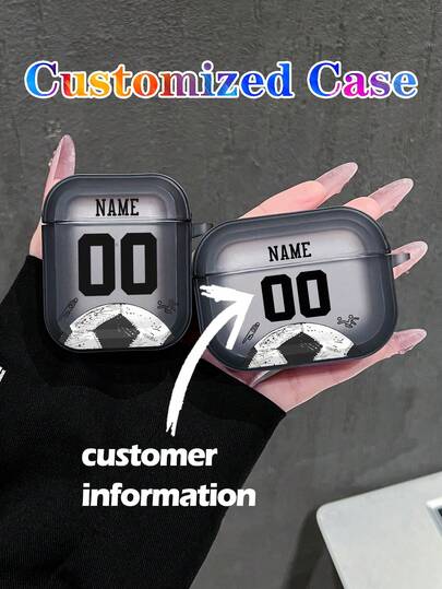 1pc Customizable Soccer Jersey With Number And Player Name, White With Half Soccer Ball Details, Matte Transparent Shockproof Earphone Case For AirPods 1/2/3/4/Pro, Minimalist And High-End For Everyday Use