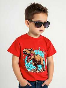 Set de 4 camisetas de T-Rex para niño de manga corta con cuello redondo, estampado de dinosaurios T-Rex, tela tipo algodón, suaves y frescas, ideales para verano, escuela, juegos al aire libre, parque, salidas casuales. Conjunto de Playeras niño Tiranosaurio Rex para edades de 3 a 7 años. - Multicolor - Ver 6