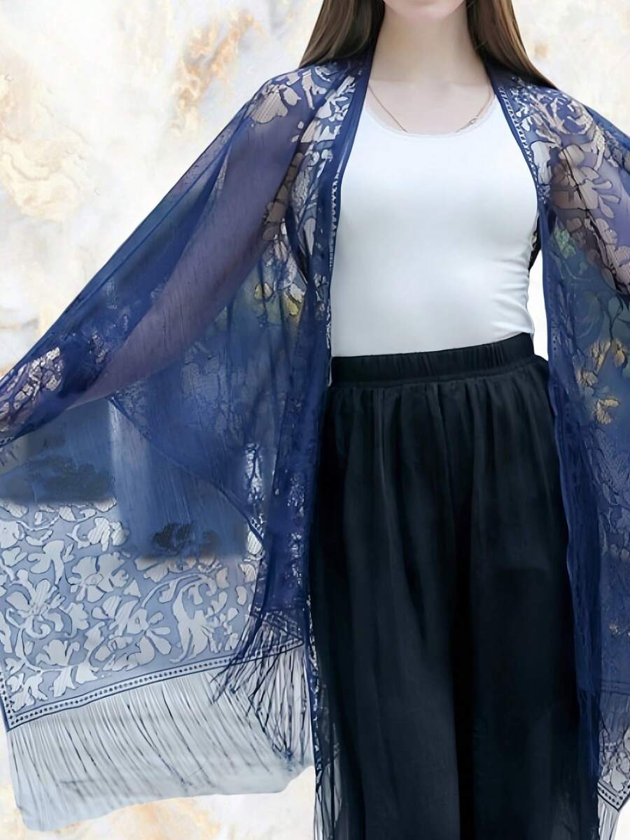 Woman's Plus Size Friendly Boho Cover Up, Lace Kimono, Women's Plus Floral Lace Batwing Sleeve Cover-Up, Open Front Tassel Trim Kimono, Lightweight Beach Cover Up - 藏蓝色 - 查看 1