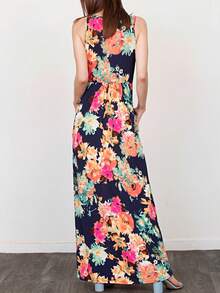 Boho Retro Vintage  Solid  Grey Color Block Color Sleeveless Grey Maxi Dress Racer | S-3X - Blue Floral - View 7
