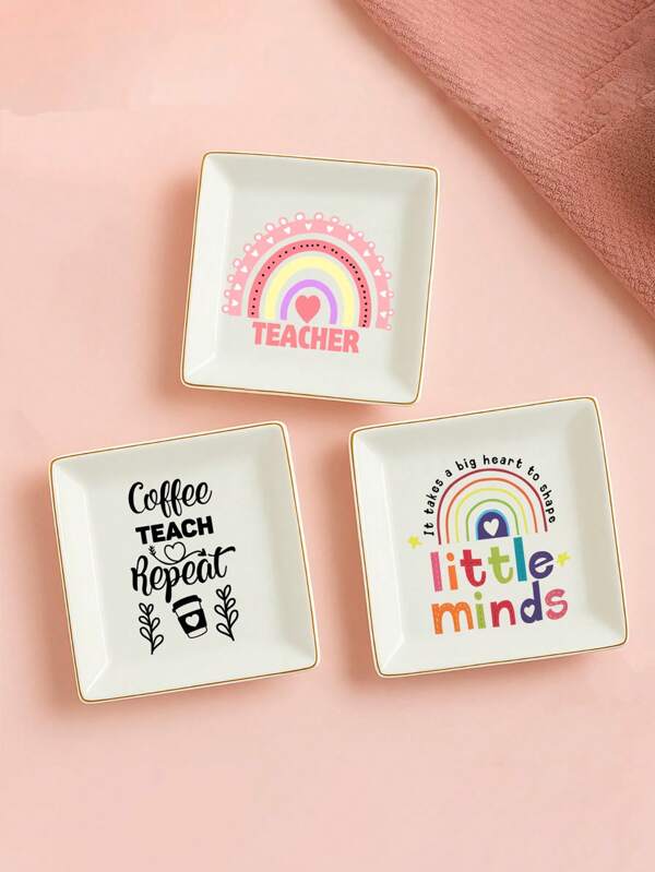 1pc Teacher Ceramic Jewelry Plate Pink Pattern Tray Gift, A Thoughtful Gift For Teachers, Express Your Love For Teachers, Suitable For Back To School Season Teacher's Day, Ideal Ring Jewelry Plate Gift