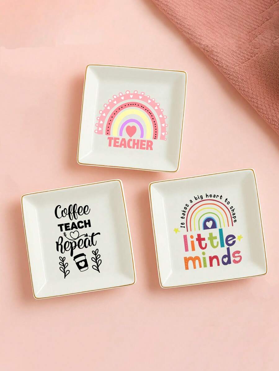 1pc Teacher Ceramic Jewelry Plate Pink Pattern Tray Gift, A Thoughtful Gift For Teachers, Express Your Love For Teachers, Suitable For Back To School Season Teacher's Day, Ideal Ring Jewelry Plate Gift