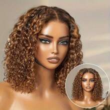 250% Density Honey Blonde Ombre Deep Wave Curly Bob Wig 4/27 Pre-Plucked 13x6X1 Lace Front Wig Glueless Human Hair Wig For Women Wet And Wavy Short Style Elegant Look For Everyday Or Special Occasions - Highlight & Piano - View 2