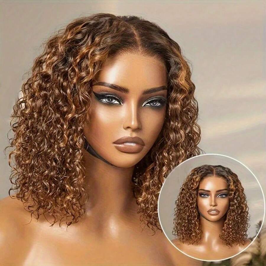 250% Density Honey Blonde Ombre Deep Wave Curly Bob Wig 4/27  Pre-Plucked 13x6X1 Lace Front Wig Glueless Human Hair Wig For Women Wet And Wavy Short Style Elegant Look For Everyday Or Special Occasions