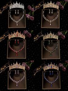 4pcs/Set Girls Children Rhinestone Alloy Crown Necklace Earrings Jewelry Set, Holiday Decoration Accessories, Suitable For Performing, Birthday Party, Suitable For Older Kids And Toddlers