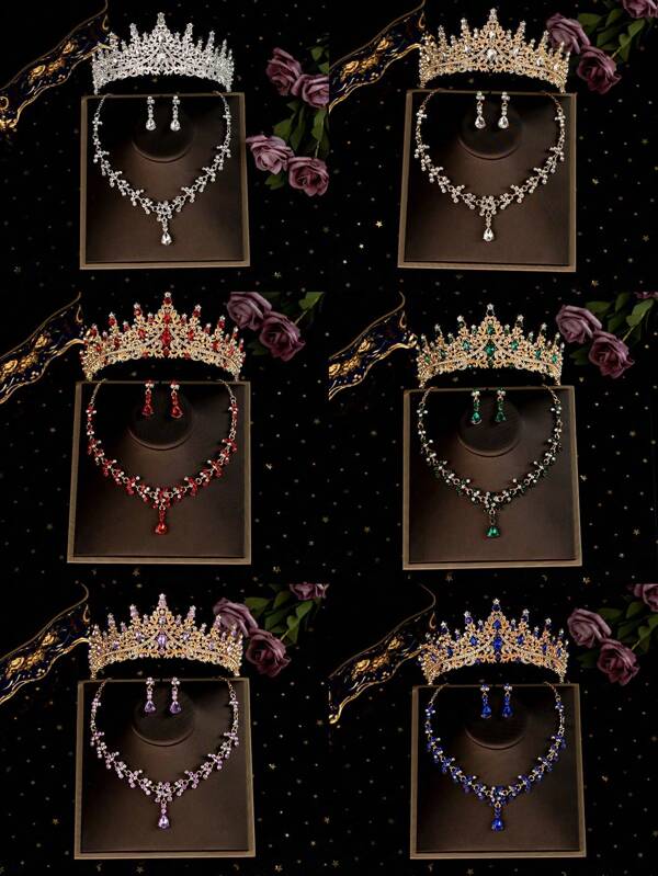 4pcs/Set Girls Children Rhinestone Alloy Crown Necklace Earrings Jewelry Set, Holiday Decoration Accessories, Suitable For Performing, Birthday Party, Suitable For Older Kids And Toddlers