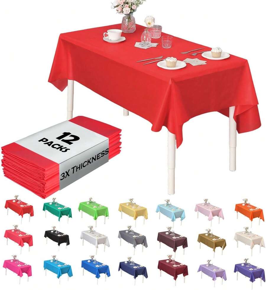 (12-Pack Heavy Duty Plastic Table Covers Tablecloth (Reusable) (Rectangle 54" X 108", Red) - 紅木色 - 查看 1