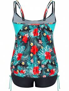 Womens Plus Size Striped Printed Strappy Tankini Top With Shorts Two Pieces Swimsuit - Green Leaf - View 2