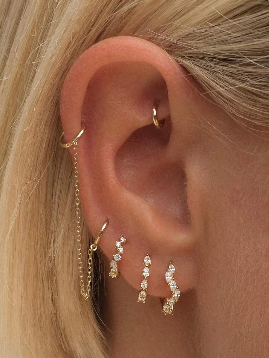 Shescity 5件套时尚锆石耳环，不对称流苏单耳设计，百搭简约优雅 - 金黃色0404 - 查看 1