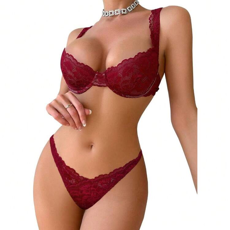 Lilosy Sexy Floral Lace Underwire Push Up Lingerie Set Outfits - Burgundy Red - View 2